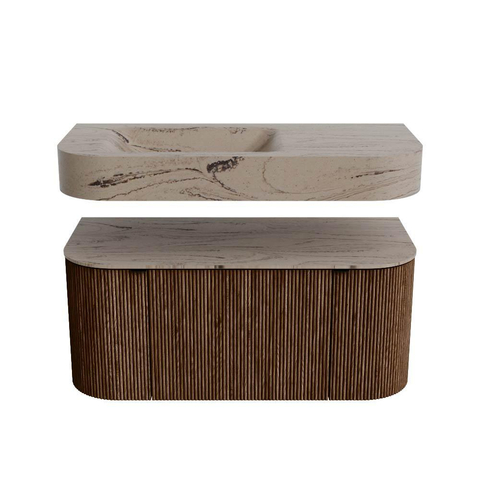 MONDIAZ THOR-DLUX Meuble de salle de bains 100cm arrondi gauche + droite couleur Walnut avec 1 tiroir et 2 portes. Vasque suspendue CLOUD Gauche 1 trou de robinet couleur Arena. SW1467450