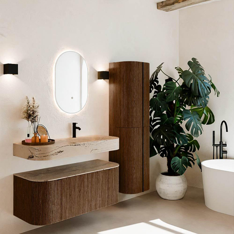 MONDIAZ THOR-DLUX 110cm badmeubel ronding links + rechts kleur Walnut met 1 lade en 2 deuren. Vrijhangende wastafel CLOUD Rechts 1 kraangat kleur Arena. SW1462707