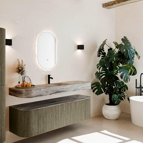 MONDIAZ THOR-DLUX 160cm badmeubel ronding links + rechts kleur Shadow met 1 lade en 2 deuren. Vrijhangende wastafel CLOUD Midden 1 kraangat kleur Sombra. SW1465408