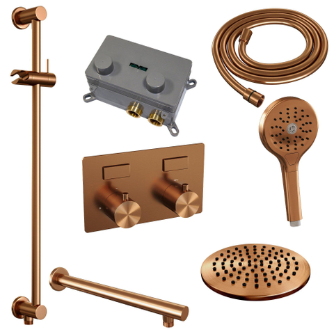 BRAUER Copper Edition Thermostatische Regendouche inbouw - drukknoppen - SET 67 - 20cm hoofddouche - rechte muurarm - 3 standen handdouche - doucheslang - geïntegreerde glijstang - koper geborsteld PVD SW925611