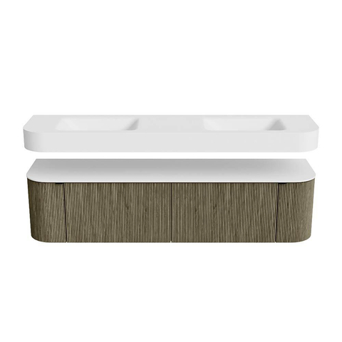MONDIAZ THOR Meuble de salle de bains 180cm arrondi gauche + droite couleur Shadow avec 2 tiroirs et 2 portes. Vasque suspendue CLOUD Double sans trou de robinet couleur Talc. SW1466051