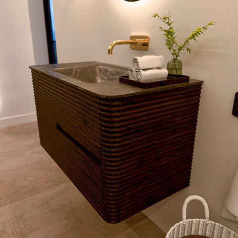 Mondiaz CIRO-DLUX Badkamermeubelset - 90x45x50cm - Solid surface wastafel Lava - 1 wasbak Midden - zonder kraangaten - 2 lades - Walnut SW1530136