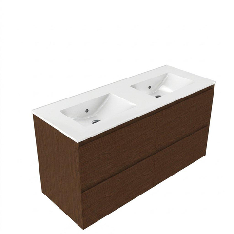 Saniclass Holz Pure Meuble de salle de bain - 120x45x60cm - lavabo en céramique blanc - 2 vasques - sans trous de robinet - 4 tiroirs - Walnut pure SW1437771