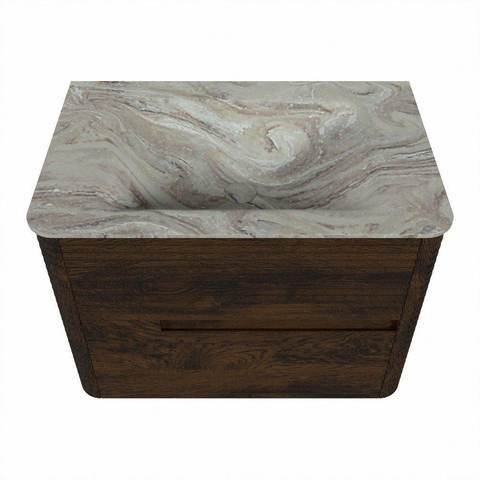 Mondiaz CIRO-DLUX Meuble de salle de bains - 70x45x50cm - vasque en solid surface Glace - 1 bassin au milieu - sans trous de robinetterie - 2 tiroirs - Noyer SW1530245