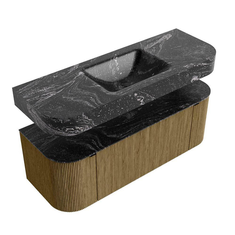 MONDIAZ THOR-DLUX 130cm meuble de salle de bains arrondi gauche + droite couleur Dusk avec 1 tiroir et 2 portes. Vasque suspendue CLOUD Milieu 1 trou de robinet couleur Lava. SW1463652