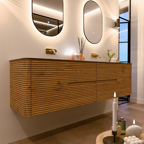 Mondiaz CIRO-DLUX Ensemble de meubles de salle de bains - 180x45x50cm - Vasque en solid surface Oza - 2 bassins Double - sans trous de robinet - 4 tiroirs - Chêne SW1531211