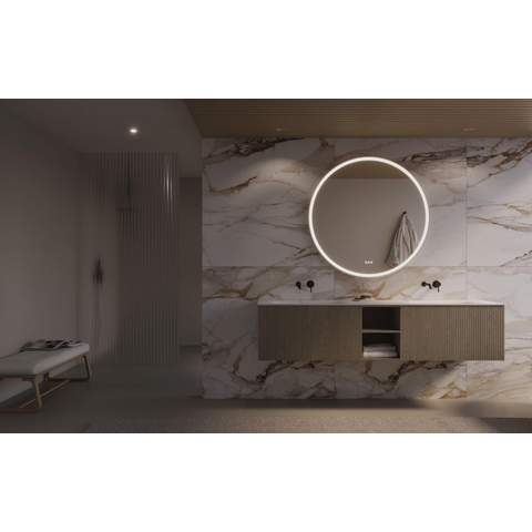 Thebalux Linea Ensemble de meubles de salle de bains - 200x55x46cm - 1 tiroir - sans poignée - Façade cannelée verticale - lavabo Corian - double - sans trou de robinet - Placage Natural SW1239575