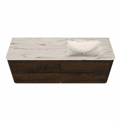 Mondiaz CIRO-DLUX Badkamermeubelset - 140x45x50cm - Solid surface wastafel Nata - 1 wasbak Rechts - 1 kraangat - 4 lades - Walnut SW1530555