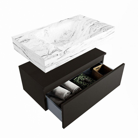 Mondiaz ALAN-DLUX Ensemble de meuble - 80cm - meuble Urban mat - 1 tiroir - Lavabo Cloud Glace suspendu - vasque Centre - 1 trou de robinet SW804876