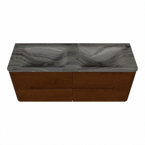 Mondiaz CIRO-DLUX Meuble de salle de bains - 130x45x50cm - Plan vasque solid surface Sombra - 2 vasques Double - sans perçages pour robinet - 4 tiroirs - Ruby SW1532004
