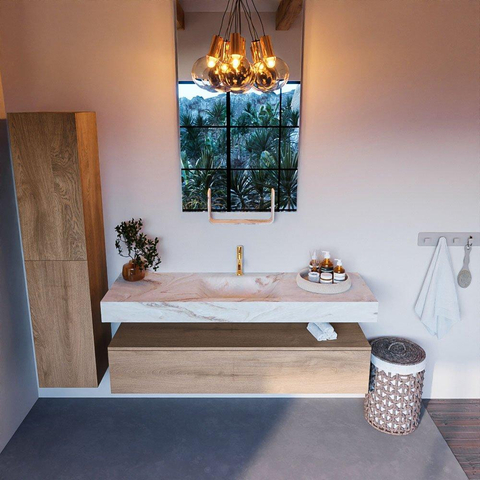 MONDIAZ ALAN - DLUX Ensemble meuble de salle de bains - 150cm - meuble bas - Chêne blanchi - 1 tiroir - lavabo suspendu - vasque au centre - 1 trou de robinet - Frappe SW808841