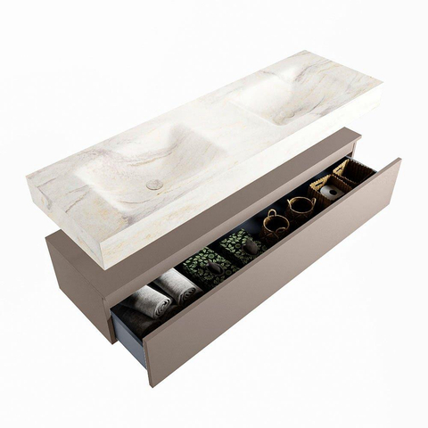 Mondiaz ALAN-DLUX Ensemble de meuble - 150cm - meuble Smoke mat - 1 tiroir - Lavabo Cloud Ostra suspendu - vasque Gauche et droite - 2 trous de robinet SW807233