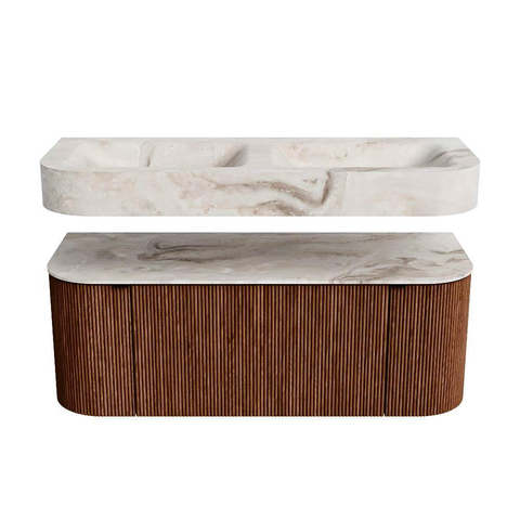 MONDIAZ THOR-DLUX 120cm meuble de salle de bains arrondi gauche + droite couleur Ruby avec 1 tiroir et 2 portes. Vasque suspendue CLOUD Double 2 trous de robinet couleur Frappe. SW1463092