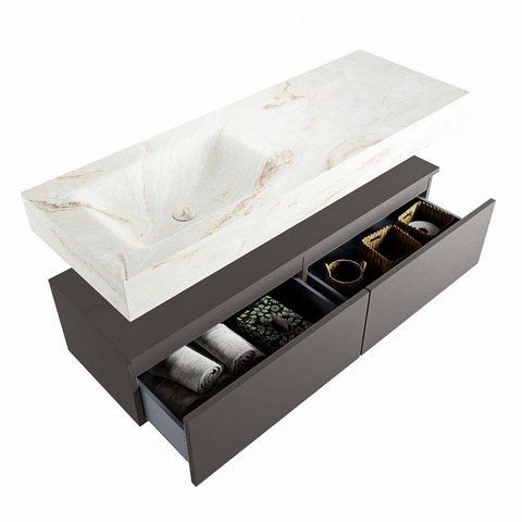 Mondiaz ALAN-DLUX Ensemble de meuble - 130cm - meuble Dark grey mat - 2 tiroirs - Lavabo Cloud Frappe suspendu - vasque Gauche - 1 trou de robinet SW804909