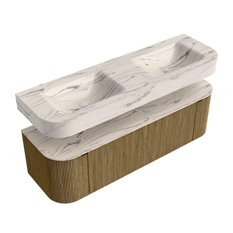 MONDIAZ THOR-DLUX 150cm meuble de salle de bains arrondi gauche + droite couleur Dusk avec 1 tiroir et 2 portes. Vasque suspendue CLOUD Double sans trou de robinet couleur Nata. SW1464811