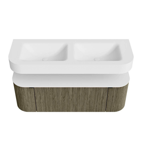 MONDIAZ THOR 130cm meuble de salle de bains arrondi gauche + droite couleur Shadow avec 1 tiroir et 2 portes. Vasque suspendue CLOUD Double 2 trous de robinet couleur Talc. SW1463716
