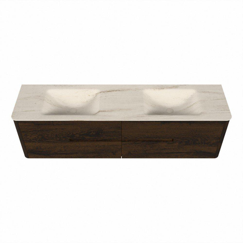 Mondiaz CIRO-DLUX Ensemble de meubles de salle de bains - 180x45x50cm - lavabo Solid surface Meli - 2 vasques double - sans trous de robinet - 4 tiroirs - Noyer SW1530549