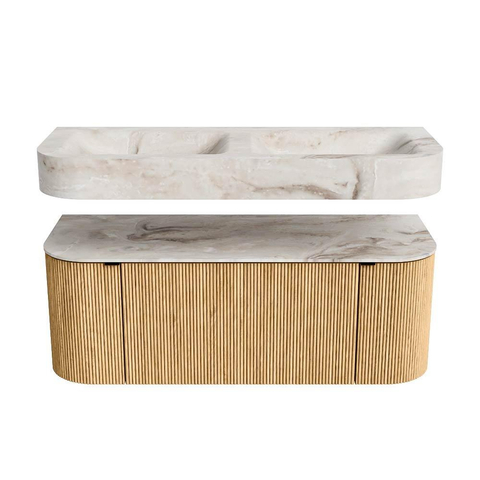 MONDIAZ THOR-DLUX Meuble de salle de bains 120cm arrondi gauche + droite couleur Oak avec 1 tiroir et 2 portes. Vasque suspendue CLOUD Double sans trou de robinet couleur Frappe. SW1463075