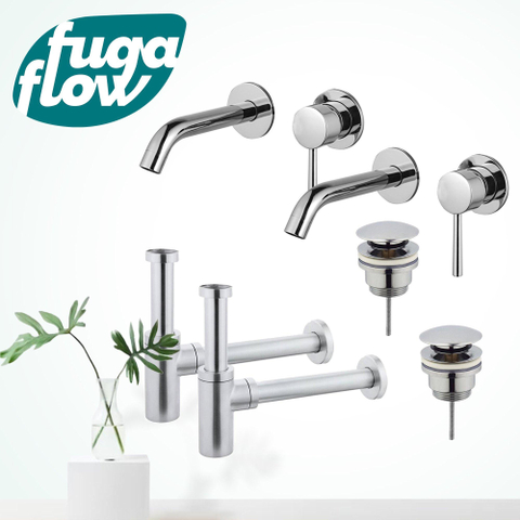 FugaFlow Eccelente Sobrado Kit robinet lavabo - pour double vasque - robinet rehaussé - bonde clic clac - siphon design - Chrome brillant SW1124260