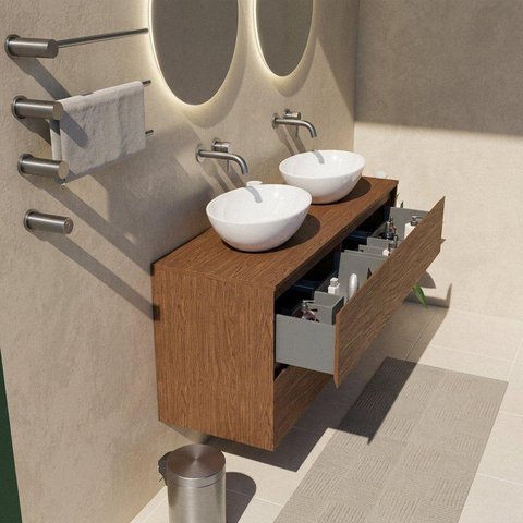 Saniclass Holz Atelier Ensemble meuble de salle de bains - 140x45x62cm - plan de travail en bois - sans trou de robinet - 4 tiroirs - walnut pure mat (bois) SW1436745