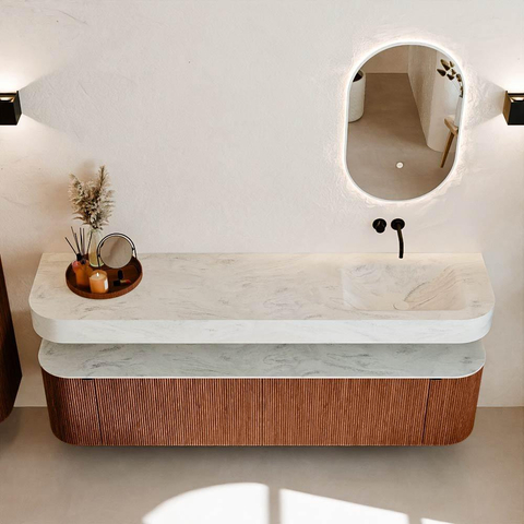 MONDIAZ THOR-DLUX 190cm meuble de salle de bains arrondi gauche + droite couleur Ruby avec 2 tiroirs et 2 portes. Vasque suspendue CLOUD Droite sans trou de robinet couleur Opalo. SW1466511