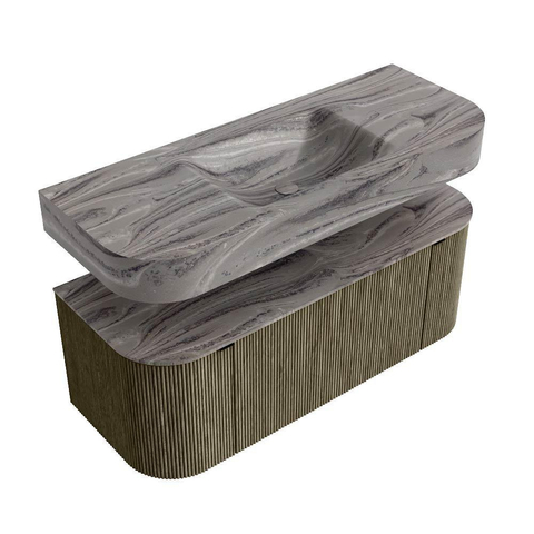 MONDIAZ THOR-DLUX 120cm meuble de salle de bains arrondi gauche + droite couleur Shadow avec 1 tiroir et 2 portes. Vasque suspendue CLOUD Milieu 1 trou de robinet couleur Sombra. SW1463656