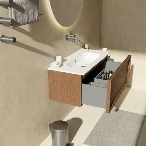 Saniclass Holz Frame Badkamermeubelset - 100x45x53.9cm - Chaci keramische wastafel wit - 1 wasbak - zonder kraangat - 1 lade - mat walnut pure (hout) SW1478815