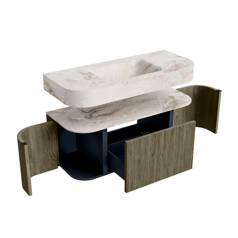 MONDIAZ THOR-DLUX 110cm meuble de salle de bains arrondi gauche + droite couleur Shadow avec 1 tiroir et 2 portes. Vasque suspendue CLOUD Milieu sans trou de robinet couleur Frappe. SW1462867