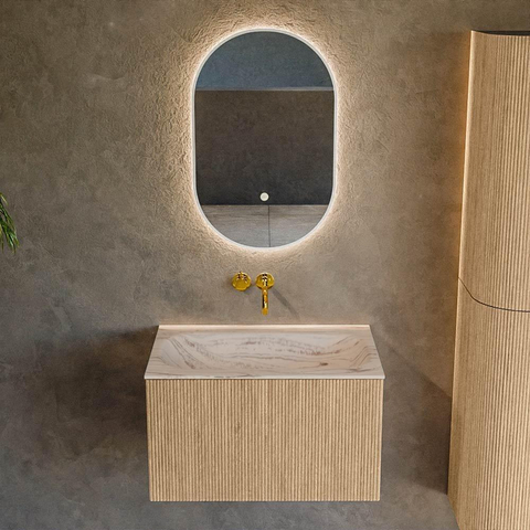 MONDIAZ KURVE-DLUX 70cm badmeubel kleur Oak met 1 lade en 0 deuren. Wastafel BIG SMALL Midden zonder kraangat Nata. SW1432062