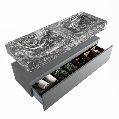 Mondiaz ALAN-DLUX Ensemble de meuble - 130cm - meuble Plata mat - 1 tiroir - Lavabo Cloud Lava suspendu - vasque Gauche et droite - 0 trous de robinet SW808579