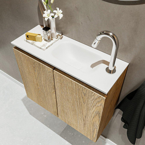 MONDIAZ TURE Kit lave-mains - 60x23x50cm - 1 trou de robinet - 2 portes - chêne blanchi mat - Lavabo à droite - Solid Surface Blanc SW475129