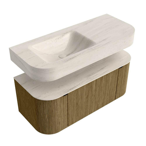 MONDIAZ THOR-DLUX 110cm meuble de salle de bains arrondi gauche + droite couleur Dusk avec 1 tiroir et 2 portes. Vasque suspendue CLOUD Gauche 1 trou de robinet couleur Meli. SW1462911