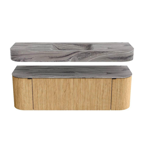 MONDIAZ THOR-DLUX 140cm badmeubel ronding links + rechts kleur Oak met 1 lade en 2 deuren. Vrijhangende wastafel CLOUD Midden 1 kraangat kleur Sombra. SW1464338