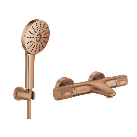 GROHE Precision Feel Robinet de baignoire thermostatique - 31.3 cm - Vitalio Joy Ensemble de bain - douchette à main ronde - 3 types de jets - avec support - Warm Sunset brossé (cuivre) SW1565453