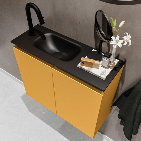 MONDIAZ TURE Toiletmeubel 60x23x50cm met 1 kraangaten 2 deuren ocher mat Wastafel Eden links Solid Surface Zwart SW475354