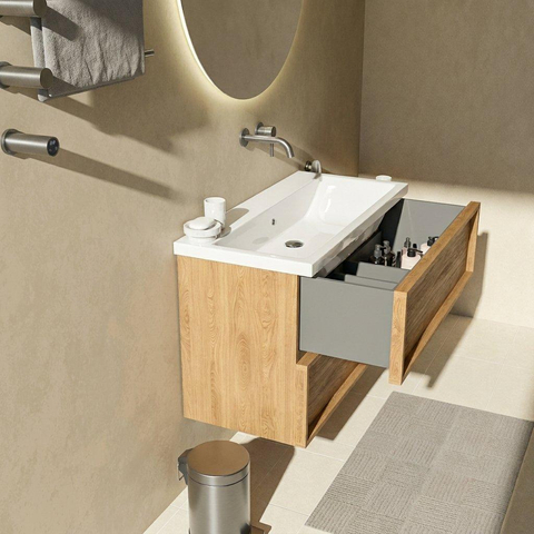 Saniclass Holz Frame Ensemble meuble de salle de bains - 100x45x63.5cm - lavabo Bari en céramique blanc - 1 vasque - sans trou de robinet - 2 tiroirs - chêne natural mat (bois) SW1579730