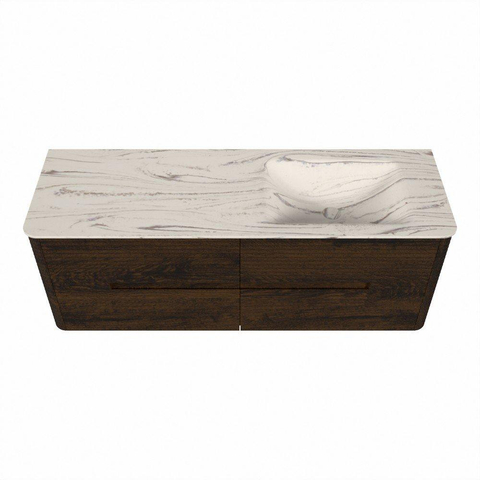 Mondiaz CIRO-DLUX Badkamermeubelset - 140x45x50cm - Solid surface wastafel Nata - 1 wasbak Rechts - zonder kraangaten - 4 lades - Walnut SW1530562