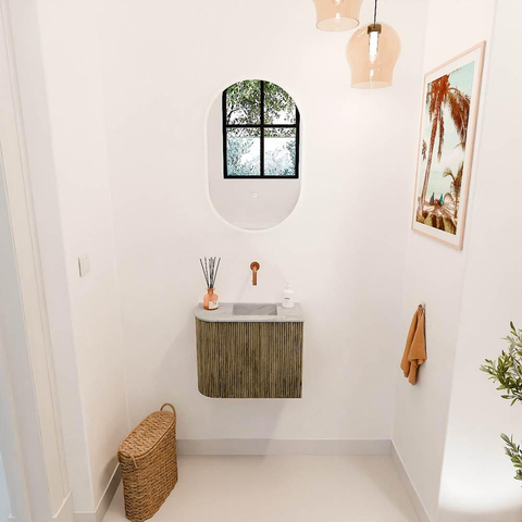 Mondiaz JOYA-DLUX 51.6cm toiletmeubel - ronding links kleur Dusk - Wastafel FAYE positie Rechts Zonder kraangat kleur Glace. SW1423164