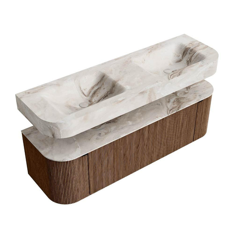 MONDIAZ THOR-DLUX 150cm meuble de salle de bains arrondi gauche + droite couleur Walnut avec 1 tiroir et 2 portes. Vasque suspendue CLOUD Double sans trou de robinet couleur Frappe. SW1464623