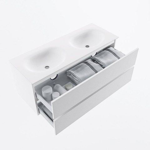 MONDIAZ VICA meuble sous lavabo 120cm Talc 2 tiroirs. Lavabo MOON double sans trou de robinet, couleur Talc. SW1381924