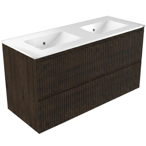 Saniclass Holz Atelier Meuble de salle de bain - 120x45x60cm - lavabo en céramique blanc - 2 vasques - 2 trous de robinet - 2 tiroirs - Charcoal SW1441843