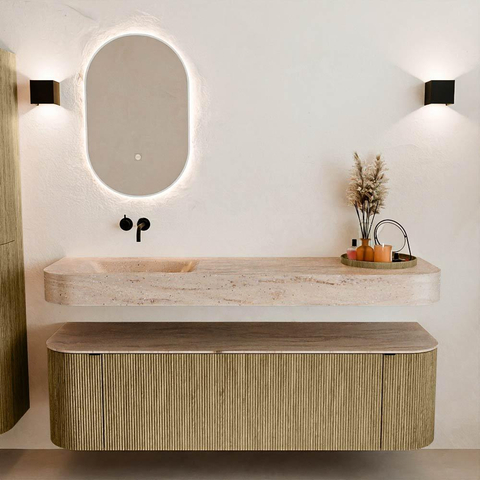 MONDIAZ THOR-DLUX 160cm meuble de salle de bains arrondi gauche + droite couleur Dusk avec 1 tiroir et 2 portes. Vasque suspendue CLOUD Gauche sans trou de robinet couleur Saba. SW1465358