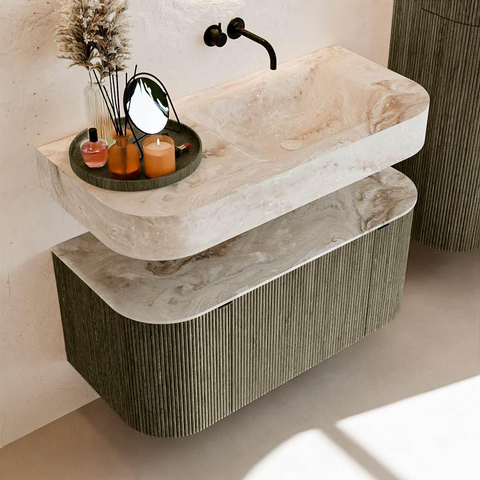 MONDIAZ THOR-DLUX 100cm meuble de salle de bains arrondi gauche + droite couleur Shadow avec 1 tiroir et 2 portes. Vasque suspendue CLOUD Droite sans trou de robinet couleur Frappe. SW1467434