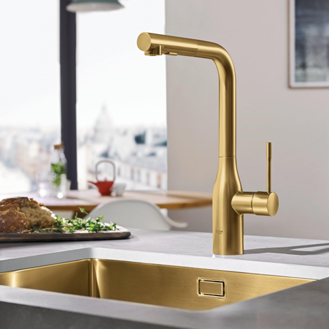GROHE Essence New robinet de cuisine - rehaussé - brise jet extractible pivotant - cool sunrise brossé (or) SW97578