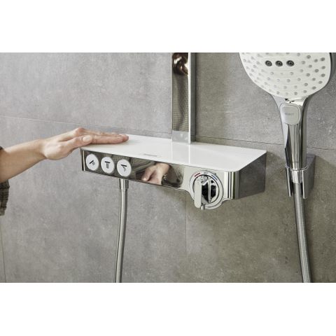 Hansgrohe Raindance Select E 300 - showerpipe: - met Showertablet - 300 opbouwkraan - thermostatisch - met handdouche - 3jet en hoofddouche - 3jet wit/chroom - thermostaat - wit chroom 0452234