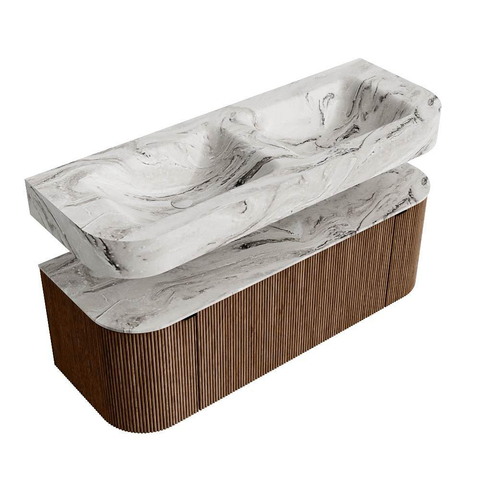 MONDIAZ THOR-DLUX 130cm meuble de salle de bains arrondi gauche + droite couleur Walnut avec 1 tiroir et 2 portes. Vasque suspendue CLOUD Double sans trou de robinet couleur Glace. SW1463593