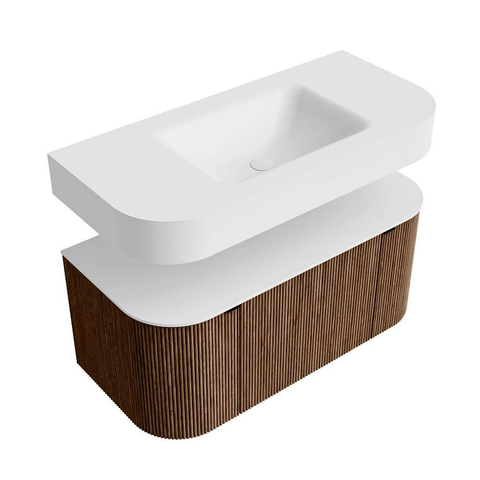 MONDIAZ THOR 100cm meuble de salle de bains arrondi gauche + droite couleur Walnut avec 1 tiroir et 2 portes. Vasque suspendue CLOUD Milieu 1 trou de robinet couleur Talc. SW1467721