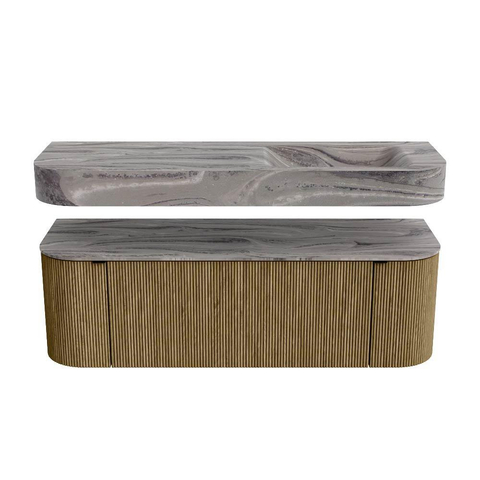 MONDIAZ THOR-DLUX 140cm meuble de salle de bains arrondi gauche + droite couleur Dusk avec 1 tiroir et 2 portes. Vasque suspendue CLOUD Droite 1 trou de robinet couleur Sombra. SW1464239