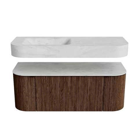 MONDIAZ THOR-DLUX 120cm badmeubel ronding links + rechts kleur Walnut met 1 lade en 2 deuren. Vrijhangende wastafel CLOUD Links zonder kraangat kleur Opalo. SW1463205