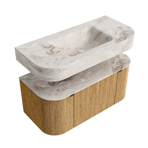 MONDIAZ THOR-DLUX 100cm meuble de salle de bains arrondi gauche + droite couleur Oak avec 1 tiroir et 2 portes. Vasque suspendue CLOUD Centre sans trou de robinet couleur Frappe. SW1467300